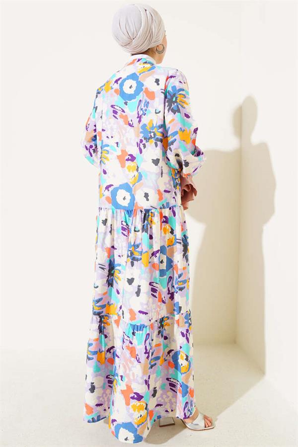 Mixed Pattern Half Buttoned Viscose Dress Lilac