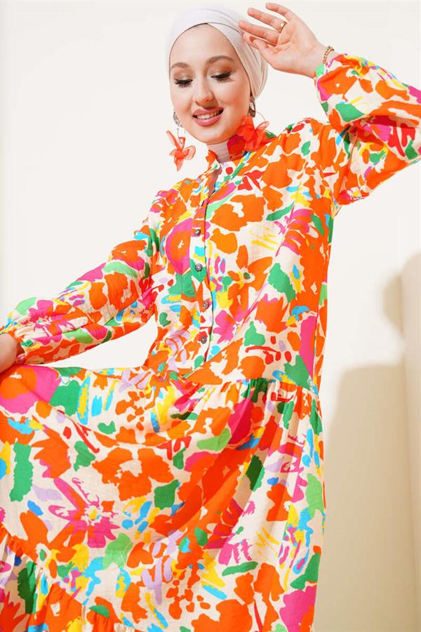 Mixed Pattern Half Buttoned Viscose Dress Orange