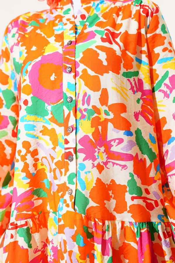 Mixed Pattern Half Buttoned Viscose Dress Orange
