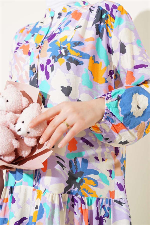 Mixed Pattern Half Buttoned Viscose Dress Lilac