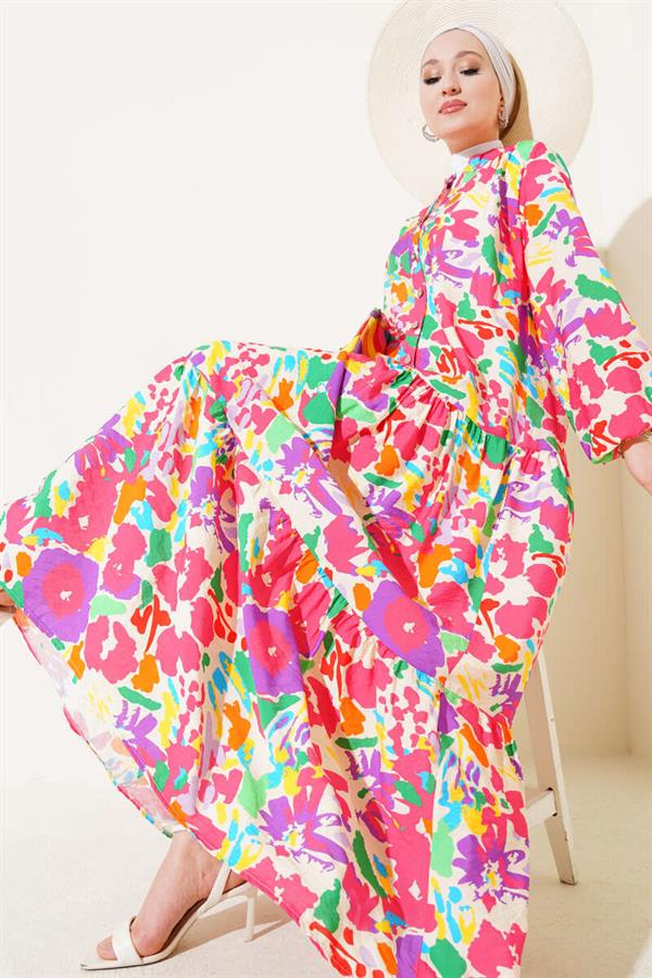 Mixed Pattern Half Buttoned Viscose Dress Fuchsia