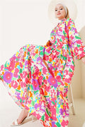 Mixed Pattern Half Buttoned Viscose Dress Fuchsia