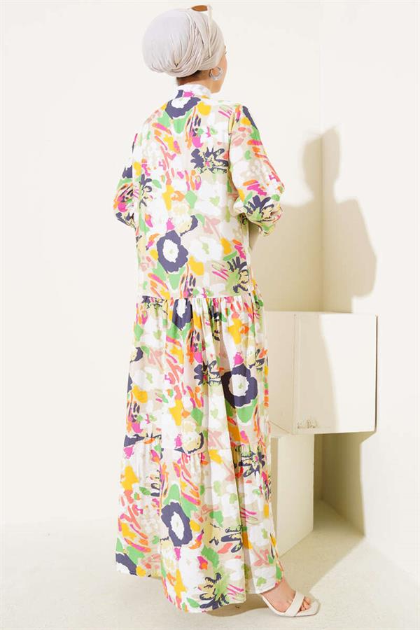 Mixed Pattern Half Buttoned Viscose Dress Aqua Green