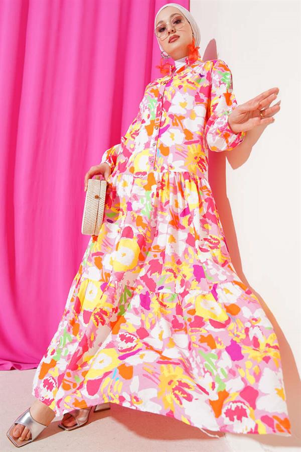 Mixed Pattern Half Buttoned Viscose Dress Powder