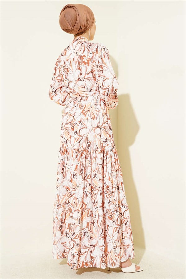 Mixed Pattern Buttoned Belted Dress, Coffee
