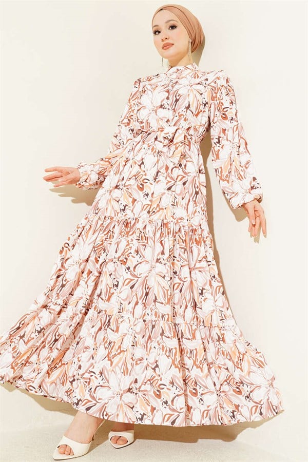 Mixed Pattern Buttoned Belted Dress, Coffee
