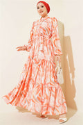 Mixed Pattern Buttoned Belted Dress Orange