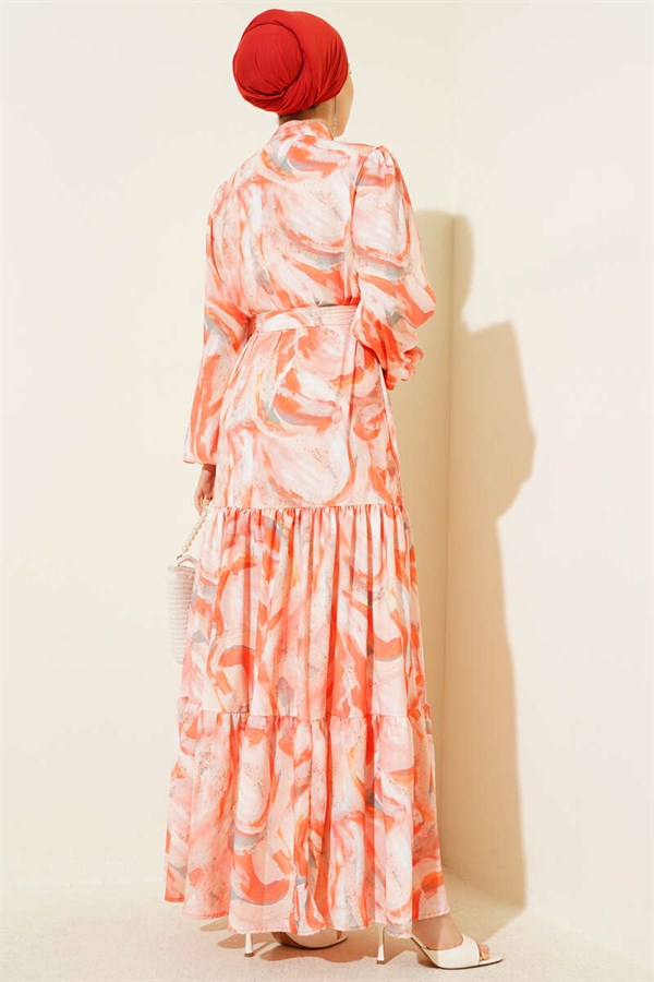 Mixed Pattern Buttoned Belted Dress Orange