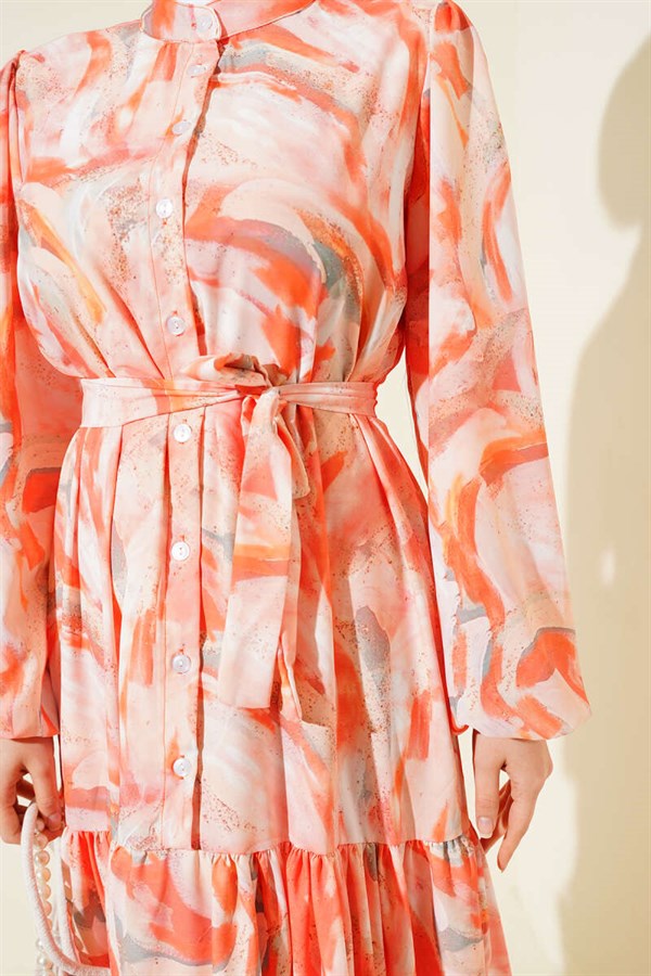 Mixed Pattern Buttoned Belted Dress Orange