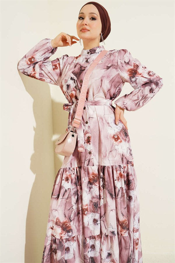 Mixed Pattern Buttoned Belted Dress Powder Pink