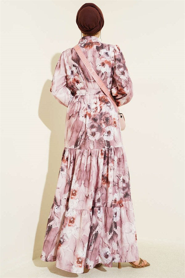 Mixed Pattern Buttoned Belted Dress Powder Pink