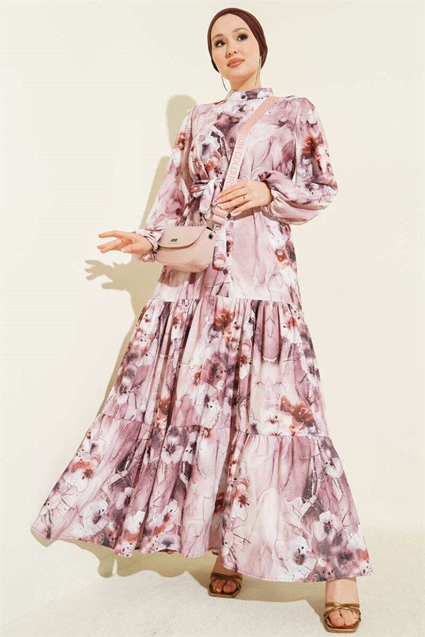 Mixed Pattern Buttoned Belted Dress Powder Pink