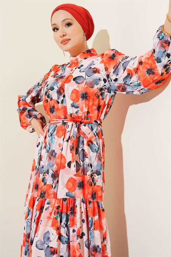Mixed Pattern Buttoned Belted Dress Salmon