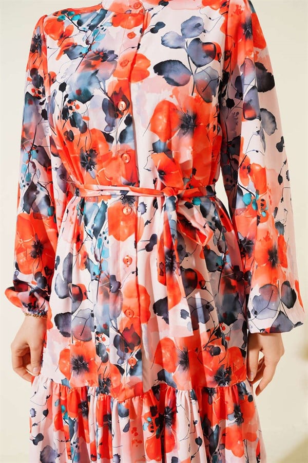 Mixed Pattern Buttoned Belted Dress Salmon