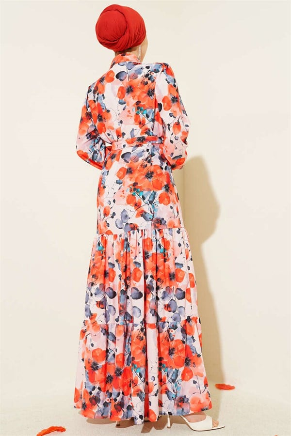 Mixed Pattern Buttoned Belted Dress Salmon