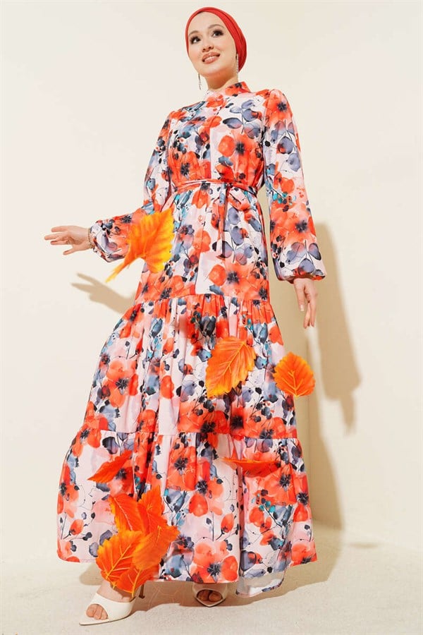 Mixed Pattern Buttoned Belted Dress Salmon