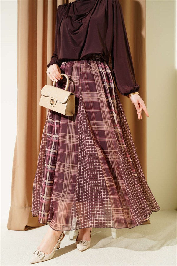 Mixed Plaid Pattern Chiffon Skirt Coffee