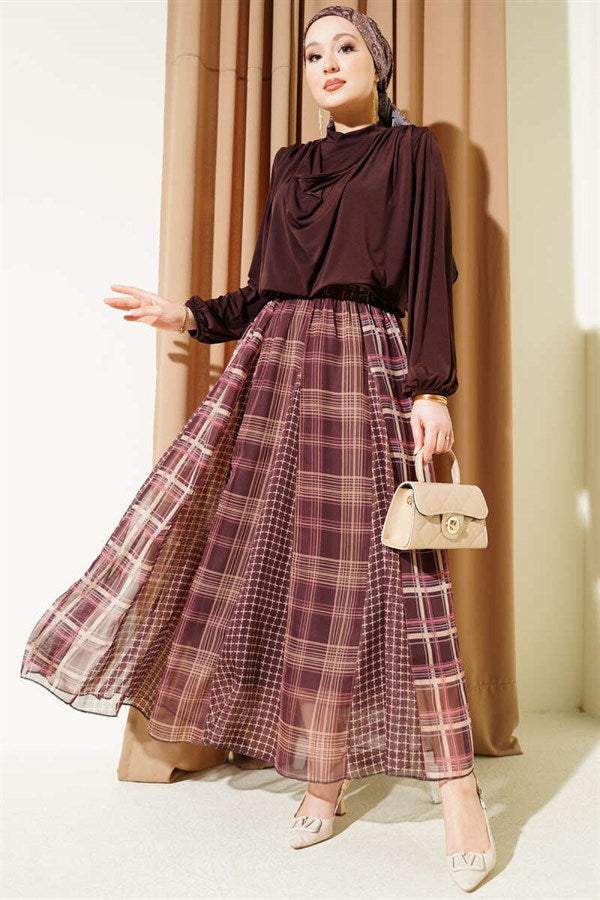 Mixed Plaid Pattern Chiffon Skirt Coffee