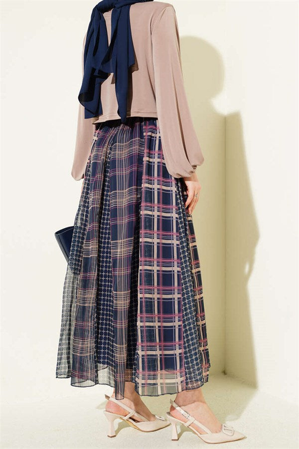 Mixed Plaid Chiffon Skirt Navy Blue