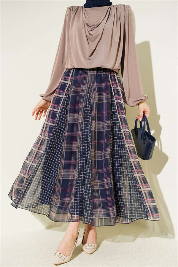 Mixed Plaid Chiffon Skirt Navy Blue