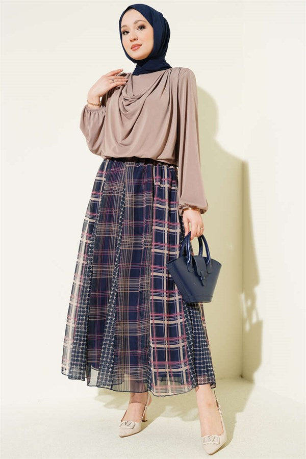 Mixed Plaid Chiffon Skirt Navy Blue
