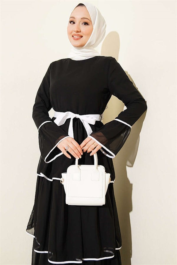 Layered Chiffon Dress with Trim and Belt, Black