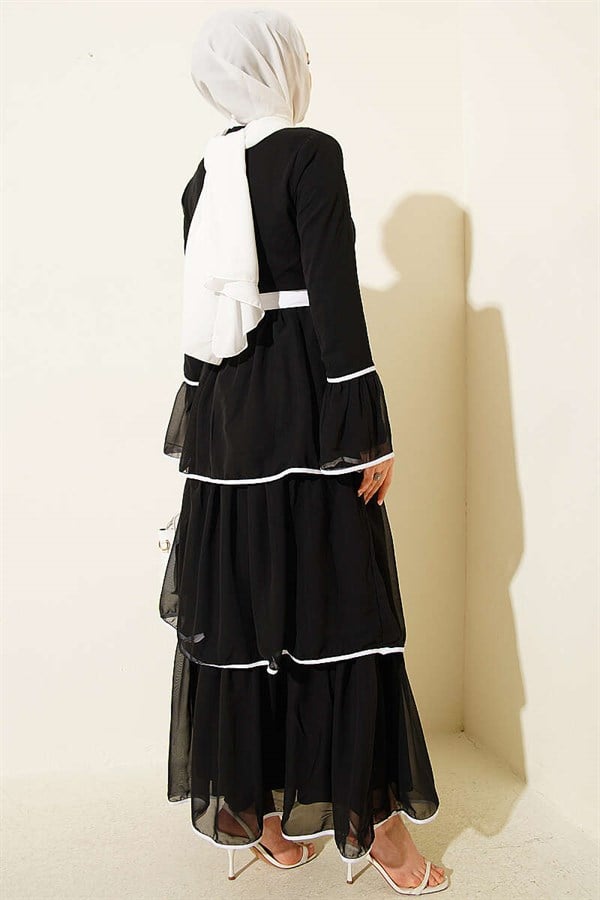 Layered Chiffon Dress with Trim and Belt, Black