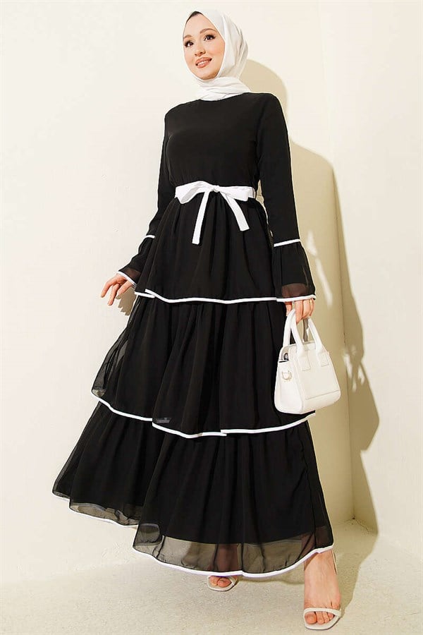 Layered Chiffon Dress with Trim and Belt, Black