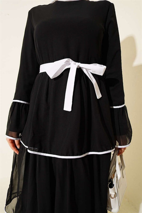 Layered Chiffon Dress with Trim and Belt, Black