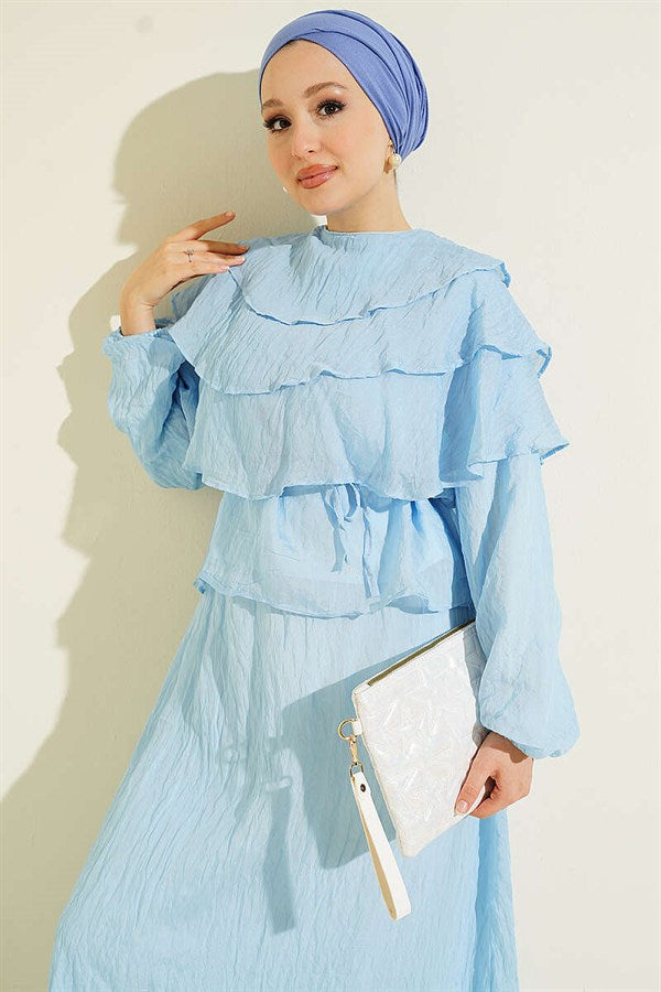 Layered Blouse and Skirt 2 Piece Set, Blue