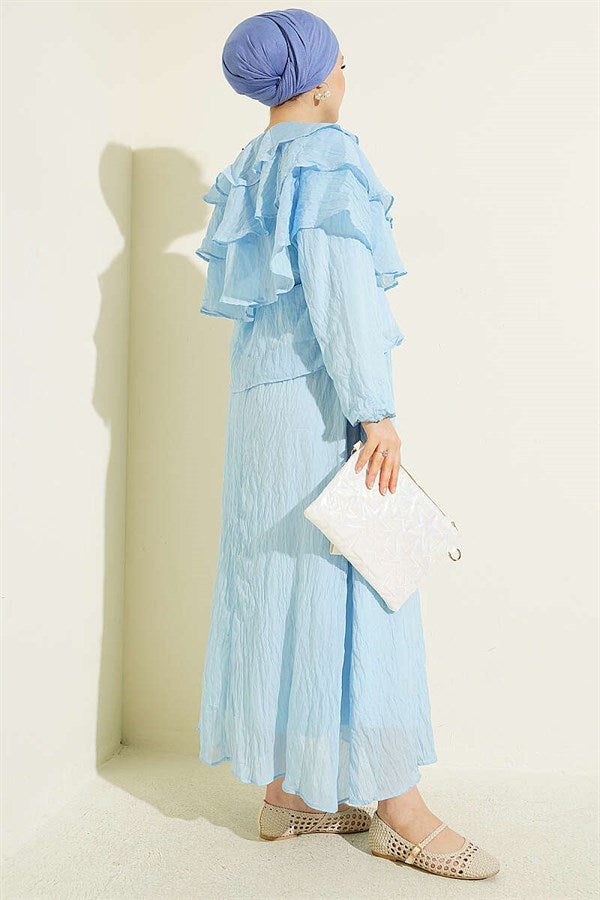 Layered Blouse and Skirt 2 Piece Set, Blue