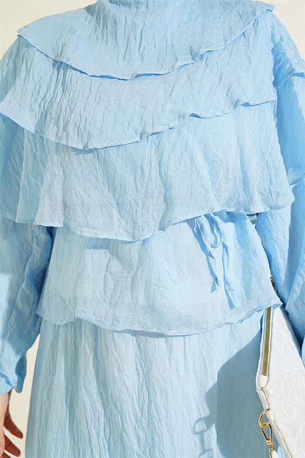 Layered Blouse and Skirt 2 Piece Set, Blue
