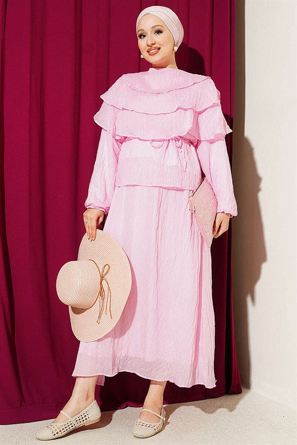 Layered Blouse and Skirt 2 Piece Set in Pink
