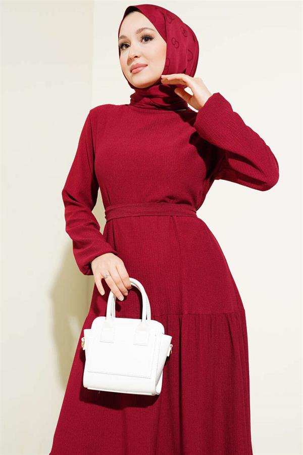 Layered Crepe Belted Dress, Burgundy