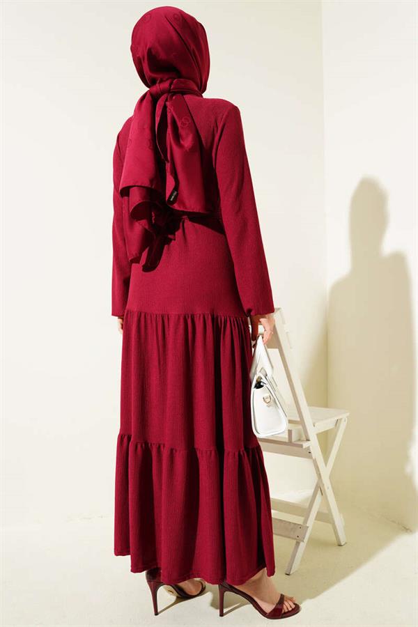 Layered Crepe Belted Dress, Burgundy