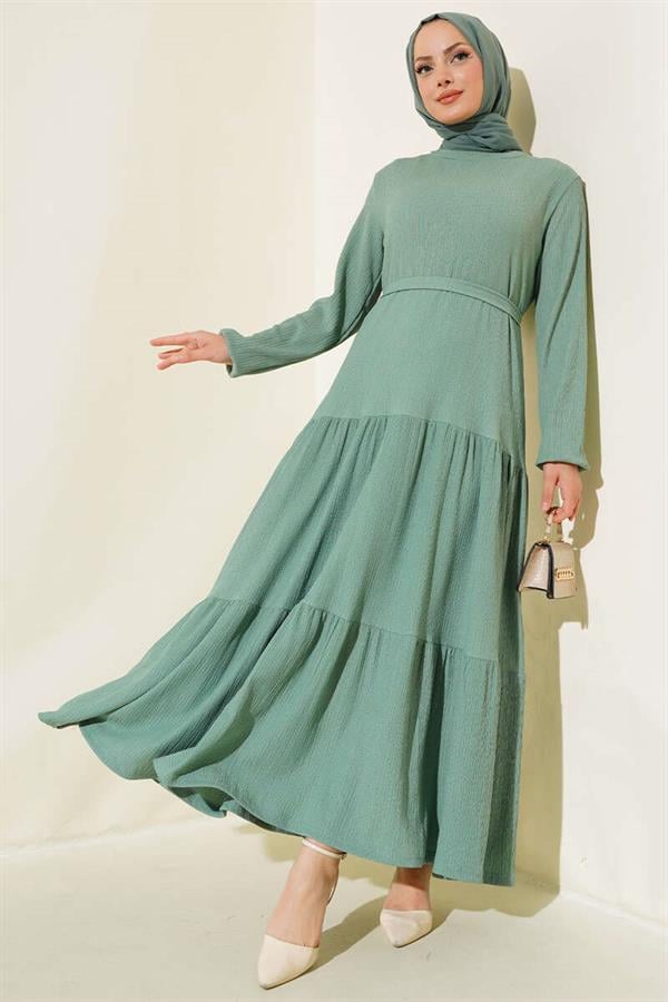 Layered Crepe Belted Dress Almond Green