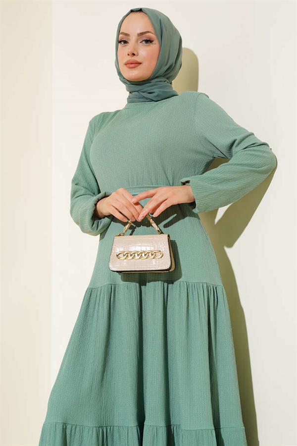 Layered Crepe Belted Dress Almond Green