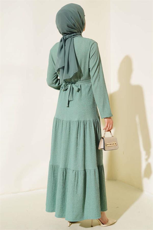 Layered Crepe Belted Dress Almond Green