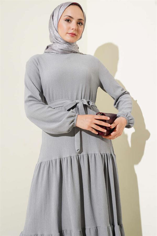 Layered Crepe Belted Dress Gray