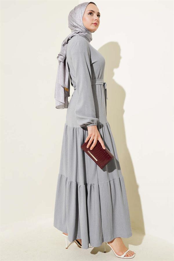 Layered Crepe Belted Dress Gray