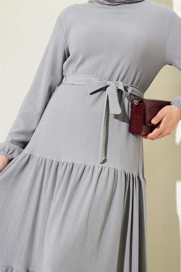 Layered Crepe Belted Dress Gray