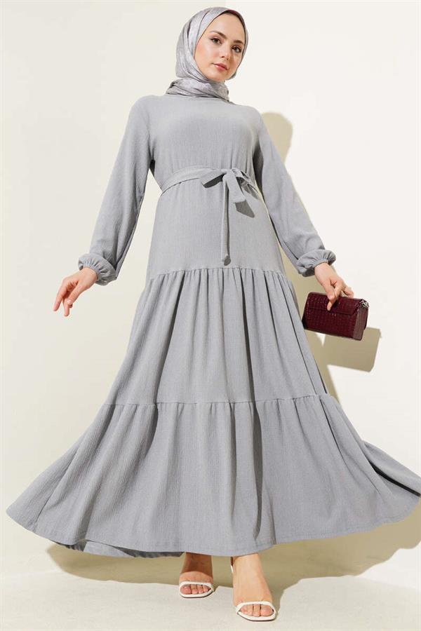 Layered Crepe Belted Dress Gray