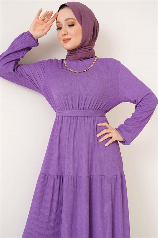 Layered Crepe Belted Dress Lilac