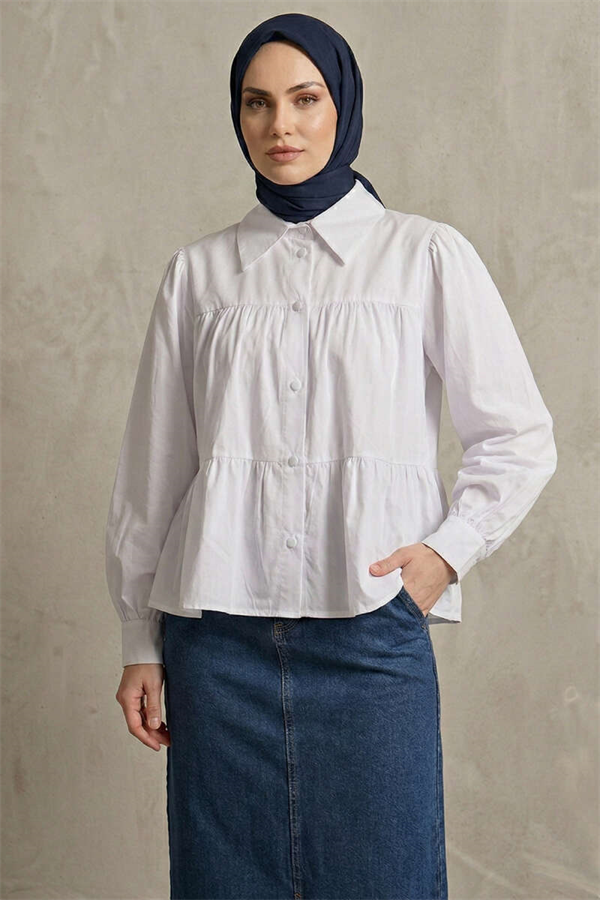 Layered Detail Gathered Shirt White
