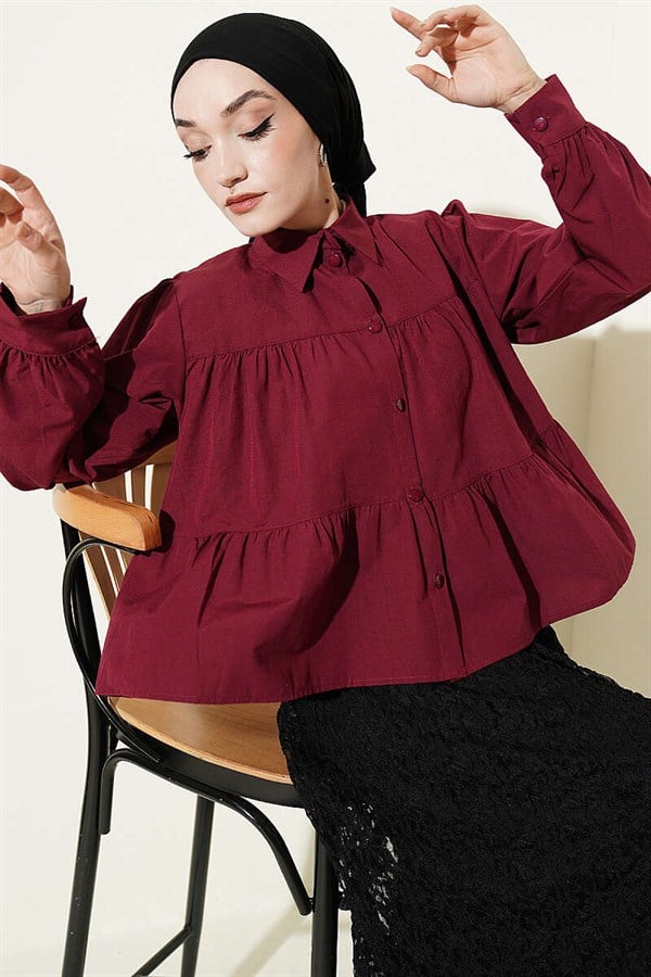 Layered Detail Gathered Shirt, Burgundy