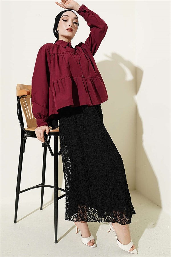 Layered Detail Gathered Shirt, Burgundy