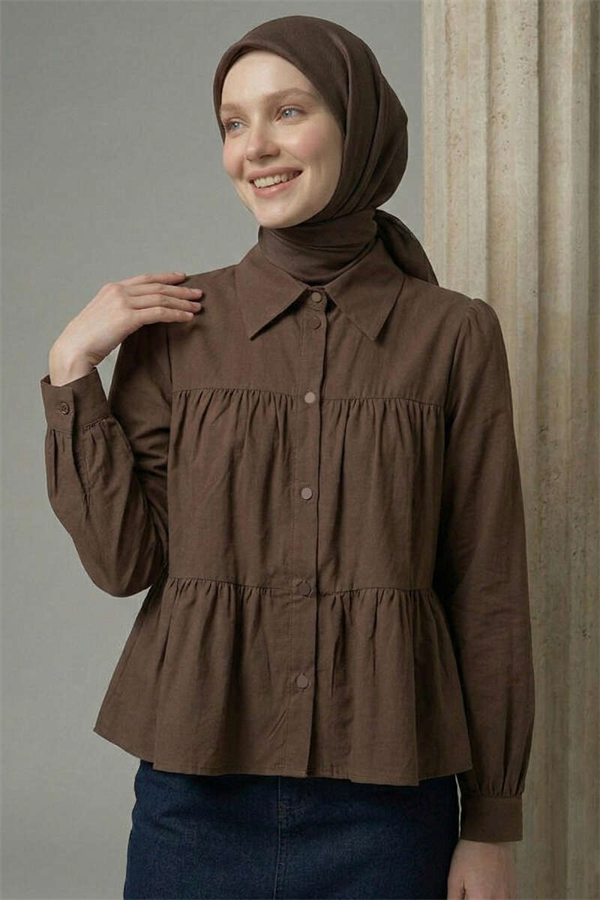 Layered Detail Gathered Shirt, Coffee
