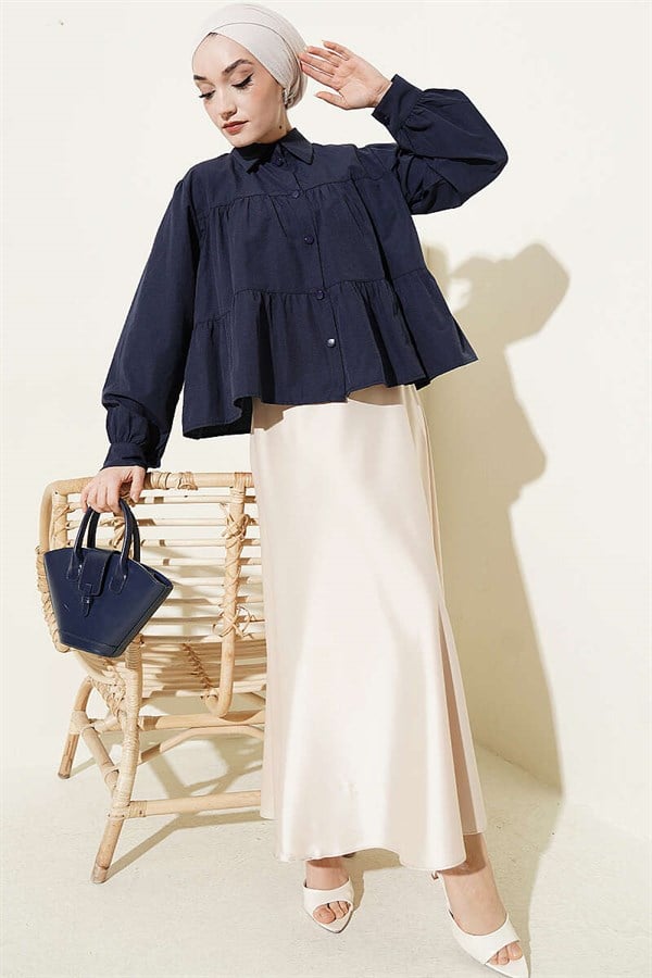 Layered Detail Gathered Shirt Navy Blue