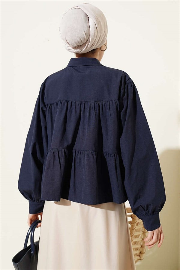 Layered Detail Gathered Shirt Navy Blue