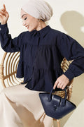 Layered Detail Gathered Shirt Navy Blue